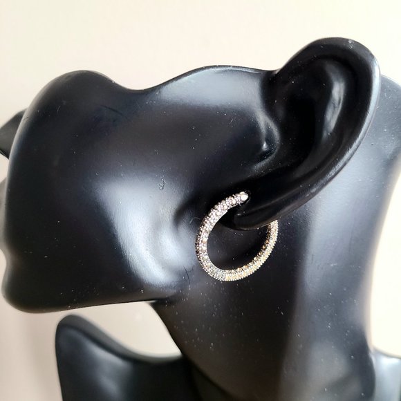 Sterling silver loops earrings with black and clear sparkly rhinestones. - Picture 1 of 6
